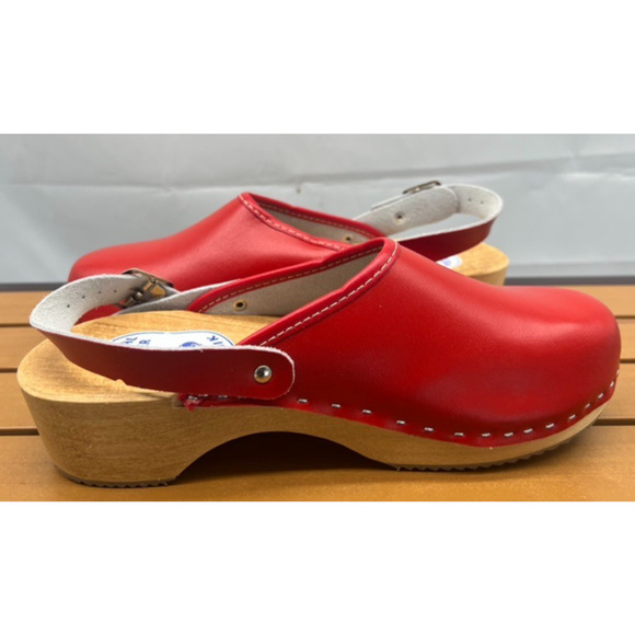 New Red ORTHOPEDIK Natural Leather Swedish Wood Clogs Mules 39 EU 8.5 US - Picture 8 of 9